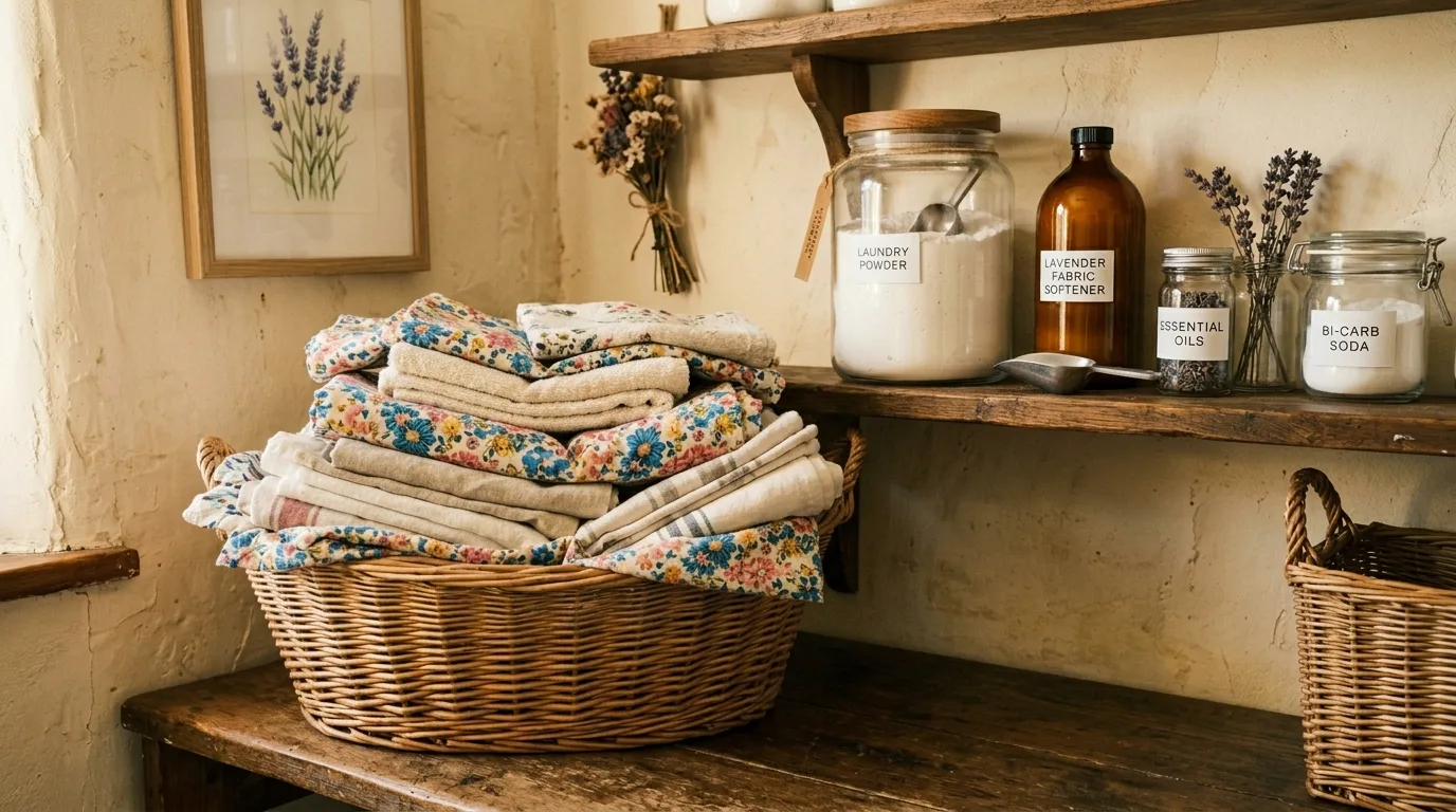 Bring in a skirted sink or soft fabric touch inspiration for a cottagecore laundry room.